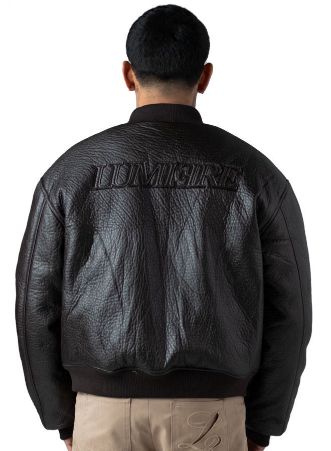 Brown Puffed Leather Bomber Jacket