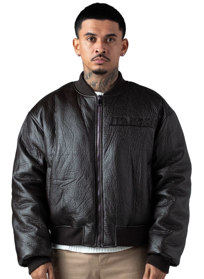 Brown Puffed Leather Bomber Jacket