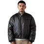 Brown Puffed Leather Bomber Jacket