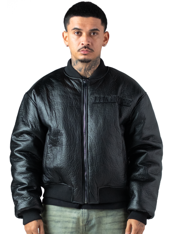 Black Puffed Leather Bomber Jacket