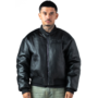 Black Puffed Leather Bomber Jacket