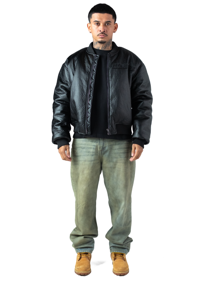 Black Puffed Leather Bomber Jacket