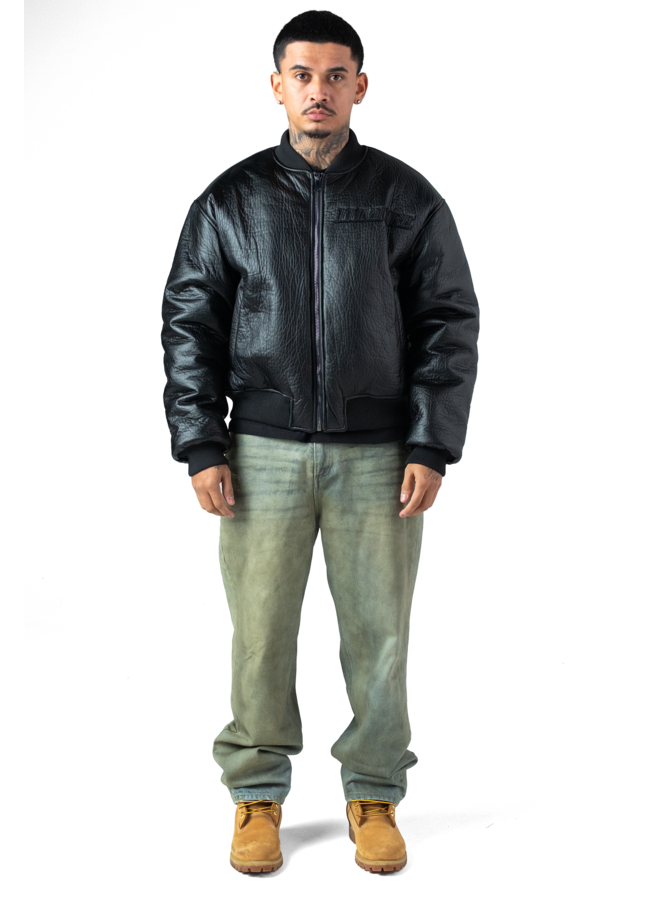Black Puffed Leather Bomber Jacket