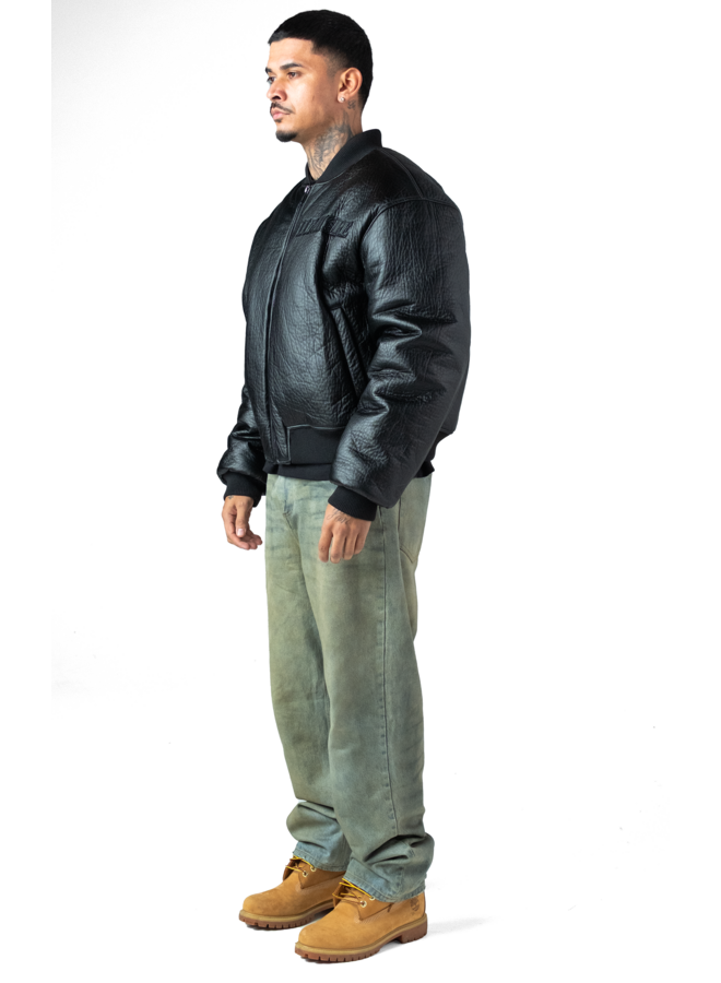Black Puffed Leather Bomber Jacket