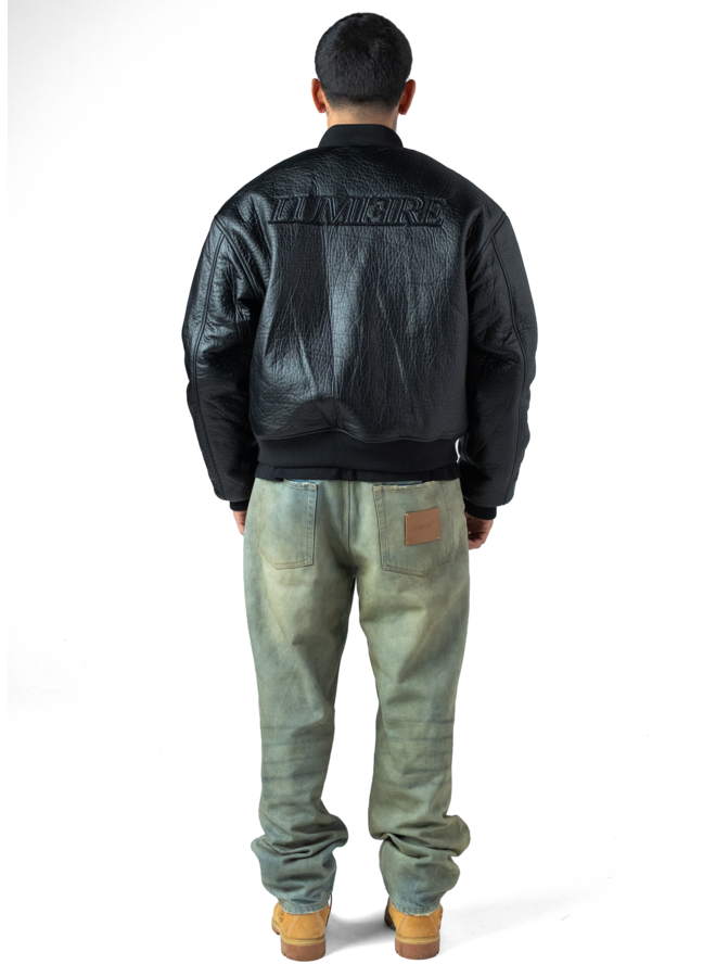 Black Puffed Leather Bomber Jacket