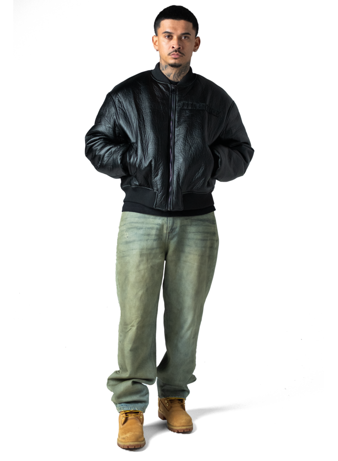 Black Puffed Leather Bomber Jacket