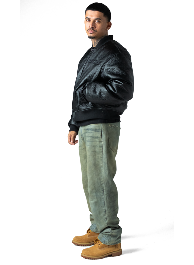 Black Puffed Leather Bomber Jacket