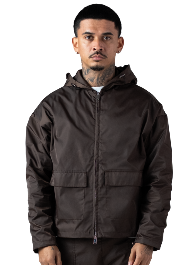 Leather Patch Nylon Zipper Jacket Burgundy