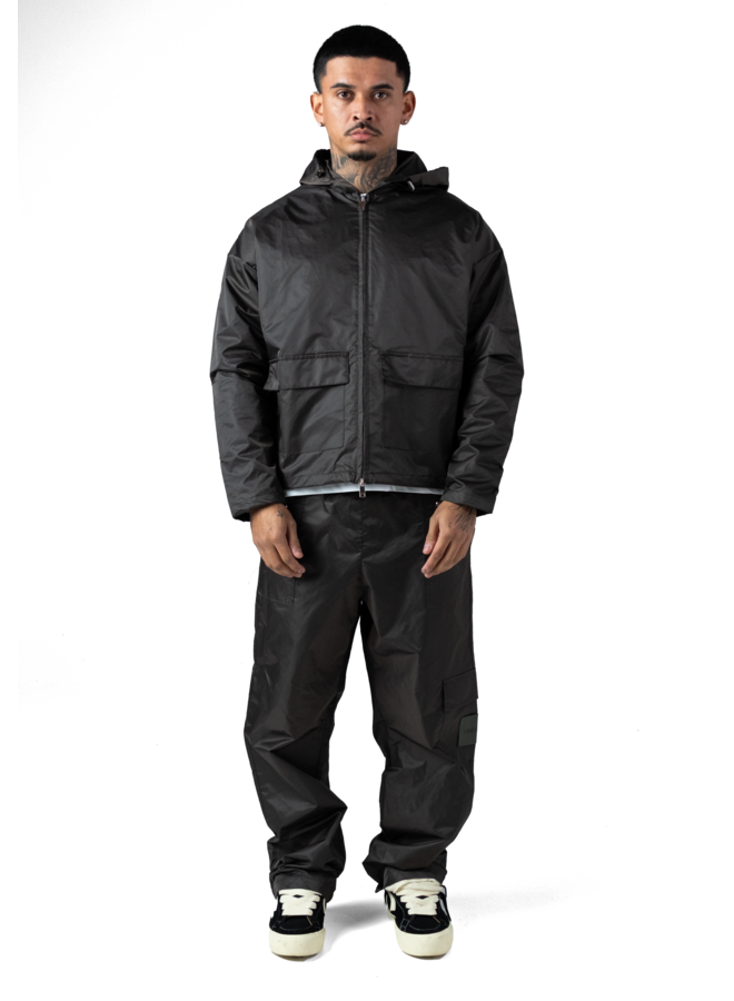 Leather Patch Nylon Zipper Jacket Dark Grey