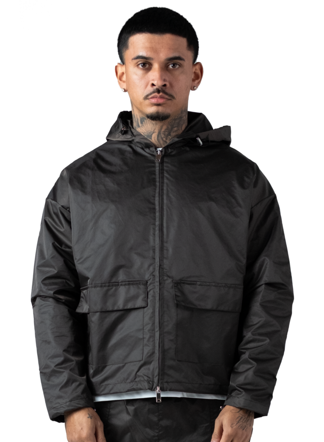 Leather Patch Nylon Zipper Jacket Dark Grey