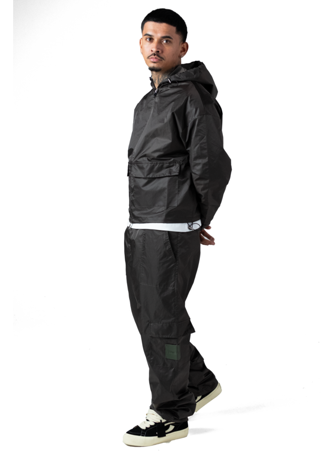 Leather Patch Nylon Zipper Jacket Dark Grey