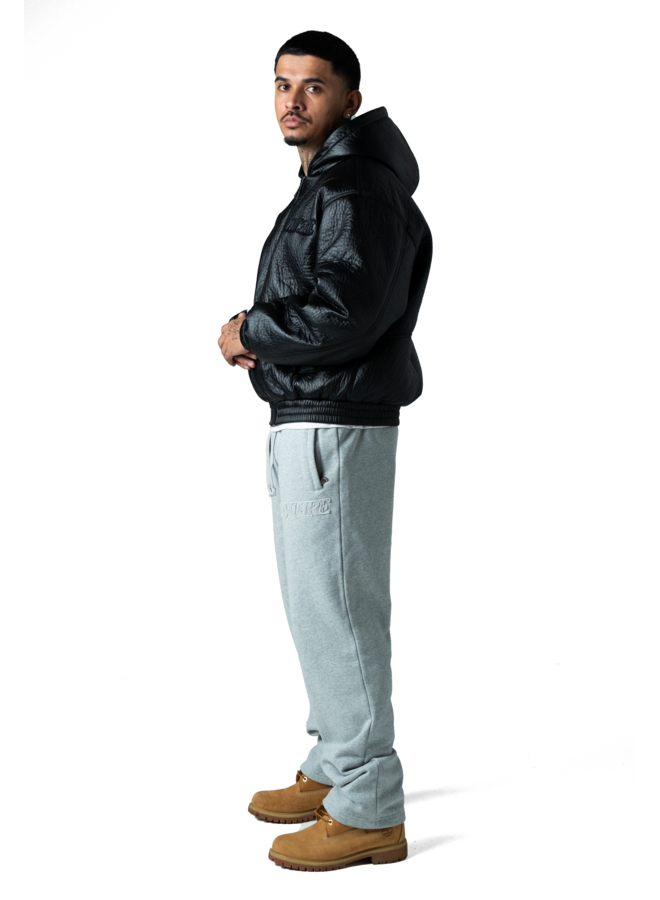 Black Puffed Leather Bomber Hooded Jacket