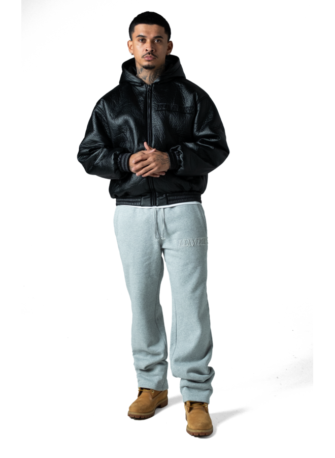 Black Puffed Leather Bomber Hooded Jacket