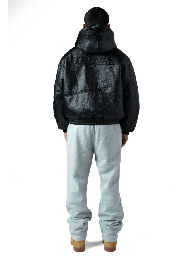 Black Puffed Leather Bomber Hooded Jacket