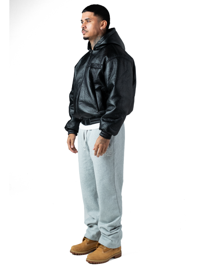 Black Puffed Leather Bomber Hooded Jacket