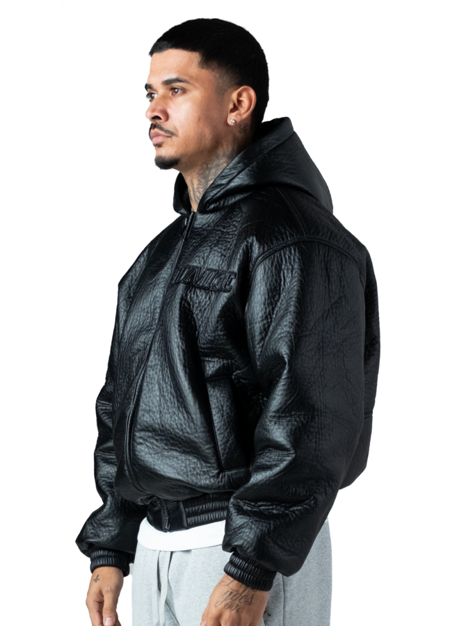 Black Puffed Leather Bomber Hooded Jacket