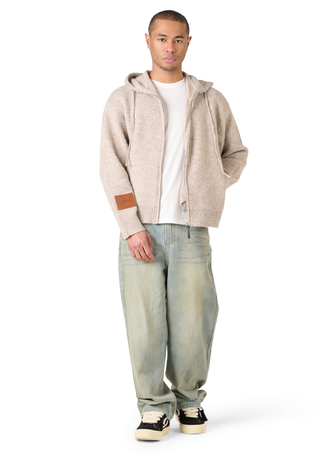 Leather Patch Knitted Hooded Sweater Beige