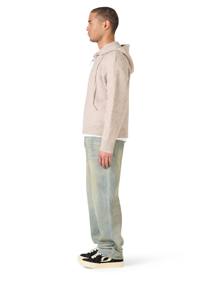 Leather Patch Knitted Hooded Sweater Beige