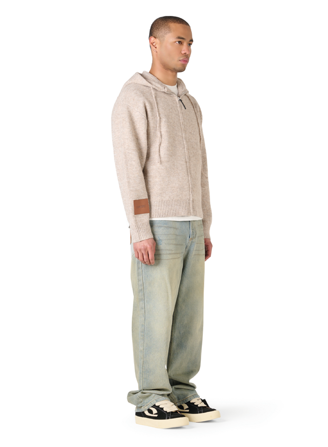 Leather Patch Knitted Hooded Sweater Beige