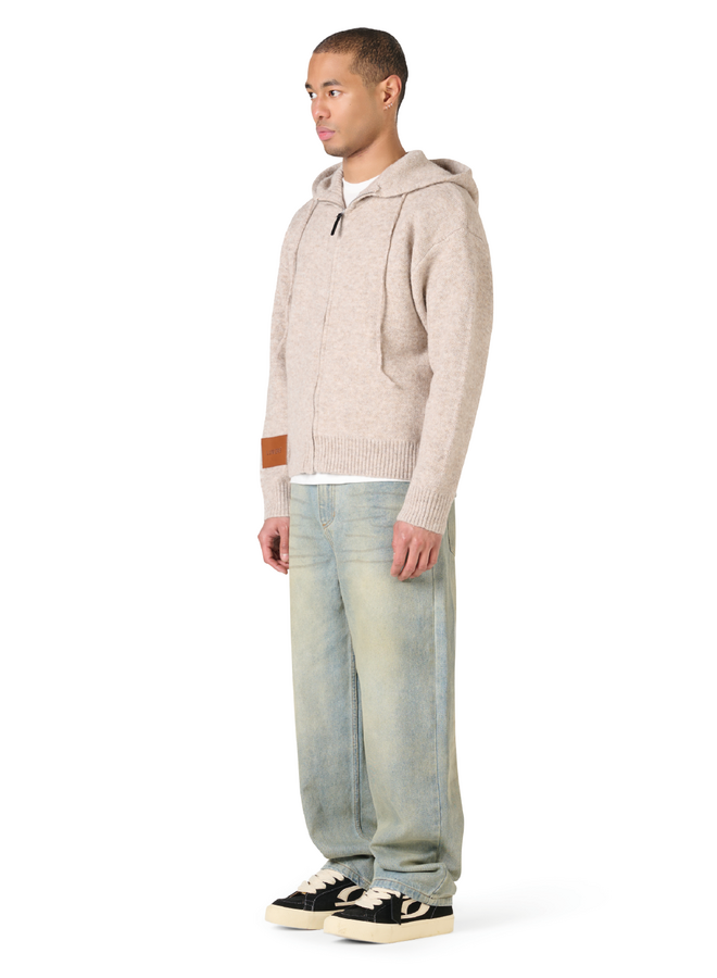 Leather Patch Knitted Hooded Sweater Beige