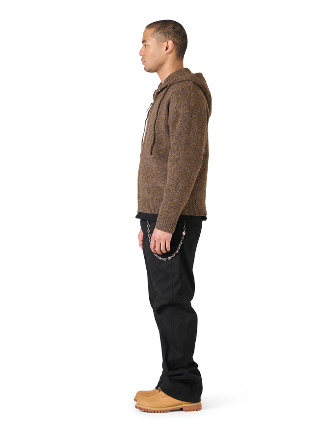 Leather Patch Knitted Hooded Sweater Brown