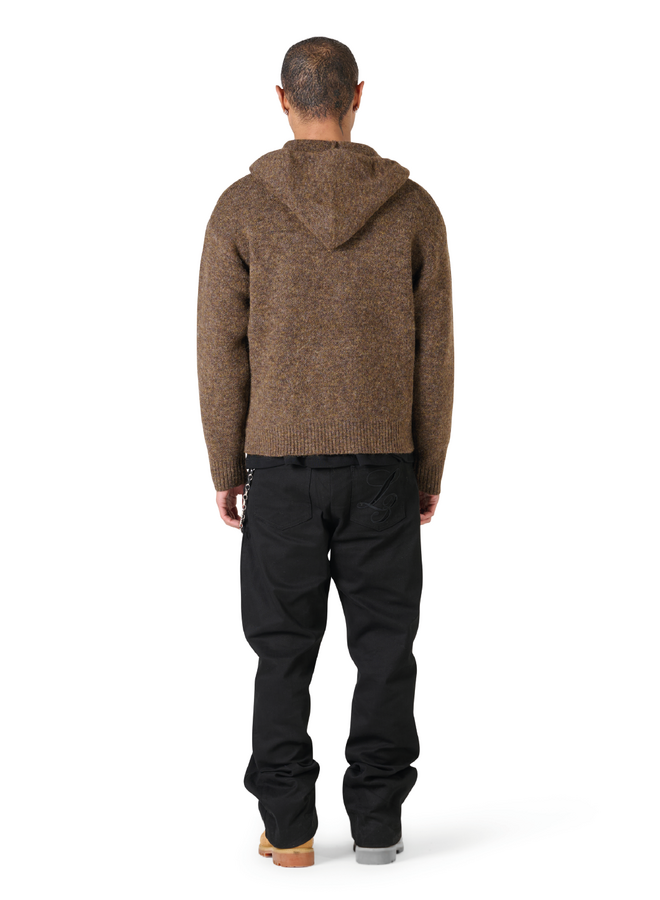 Leather Patch Knitted Hooded Sweater Brown