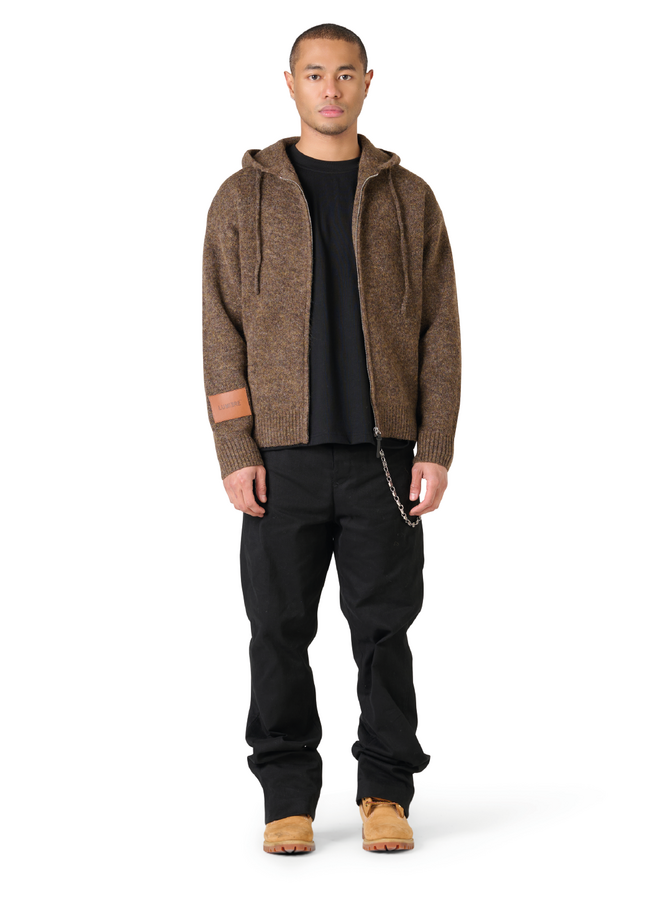 Leather Patch Knitted Hooded Sweater Brown