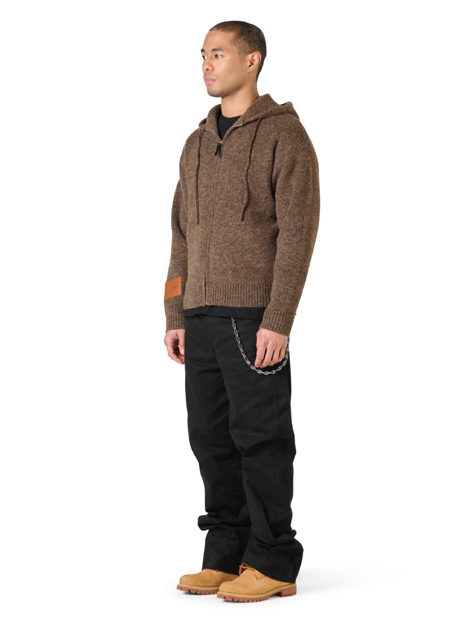 Leather Patch Knitted Hooded Sweater Brown