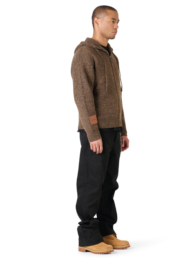Leather Patch Knitted Hooded Sweater Brown