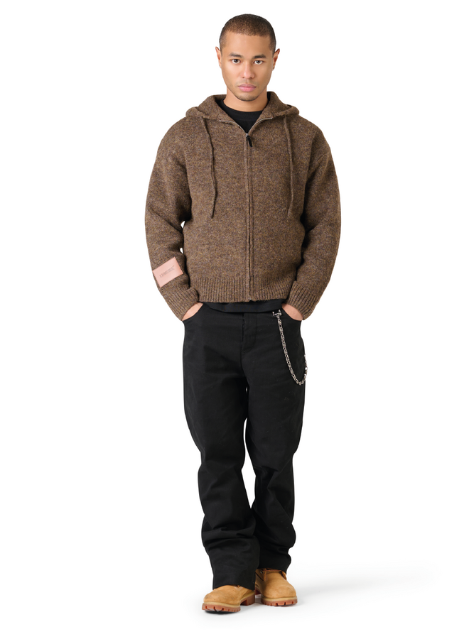 Leather Patch Knitted Hooded Sweater Brown