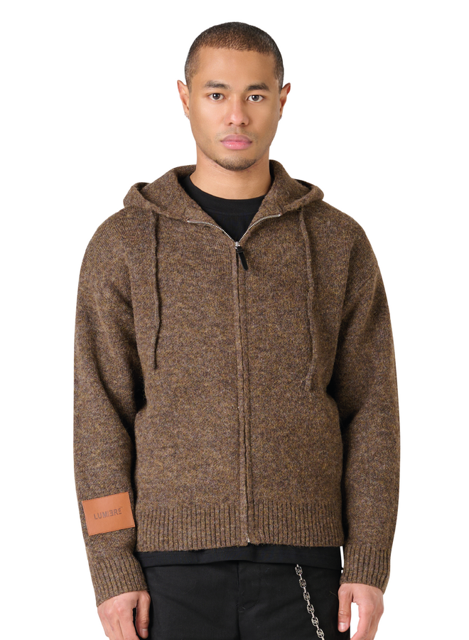 Leather Patch Knitted Hooded Sweater Brown
