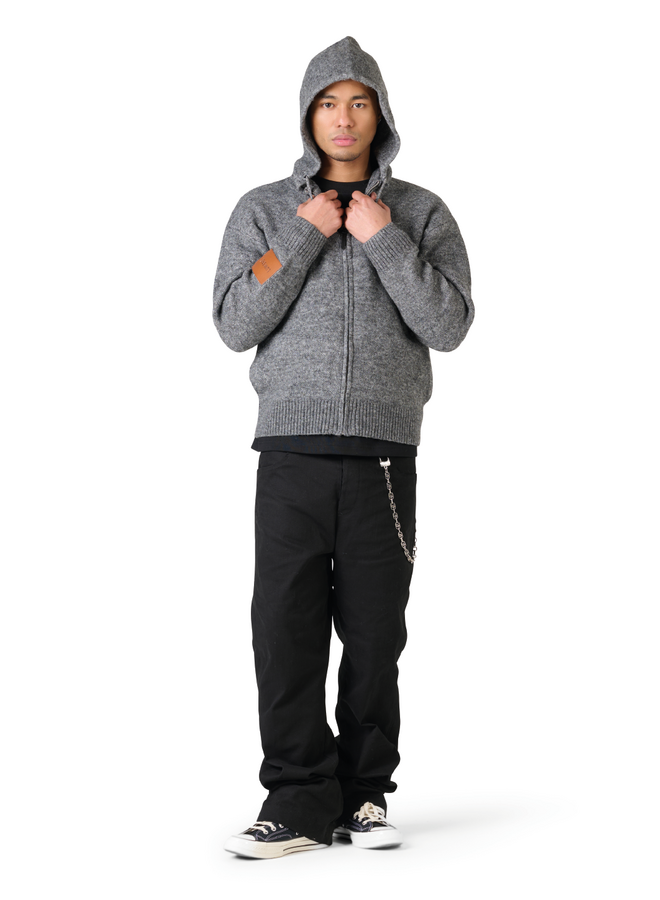 Leather Patch Knitted Hooded Sweater Black-Grey