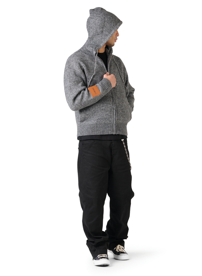 Leather Patch Knitted Hooded Sweater Black-Grey