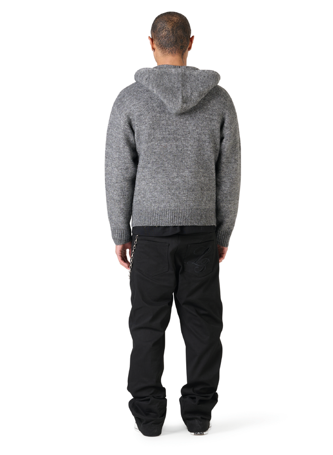 Leather Patch Knitted Hooded Sweater Black-Grey