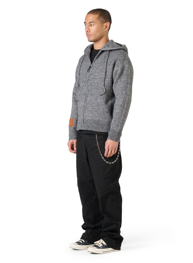 Leather Patch Knitted Hooded Sweater Black-Grey