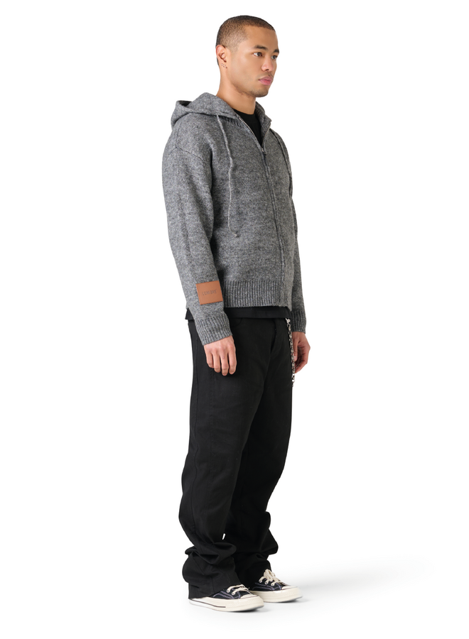 Leather Patch Knitted Hooded Sweater Black-Grey
