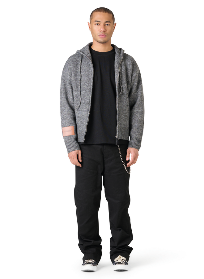 Leather Patch Knitted Hooded Sweater Black-Grey