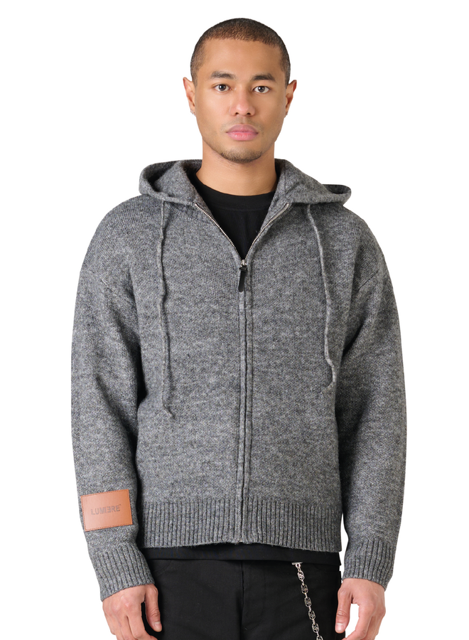 Leather Patch Knitted Hooded Sweater Black-Grey