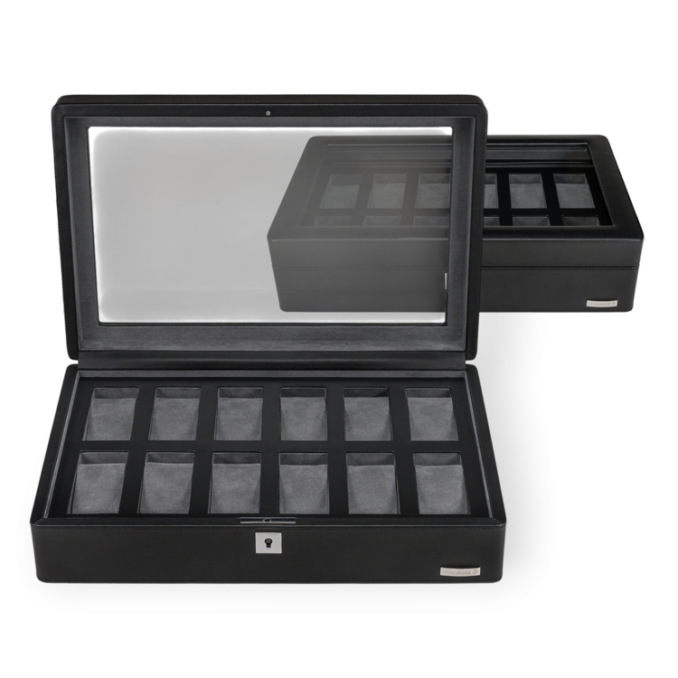 Windrose Uhrenbox für 12 Uhren 12 Uhren Tempora / schwarz (Recyceltes Leder)