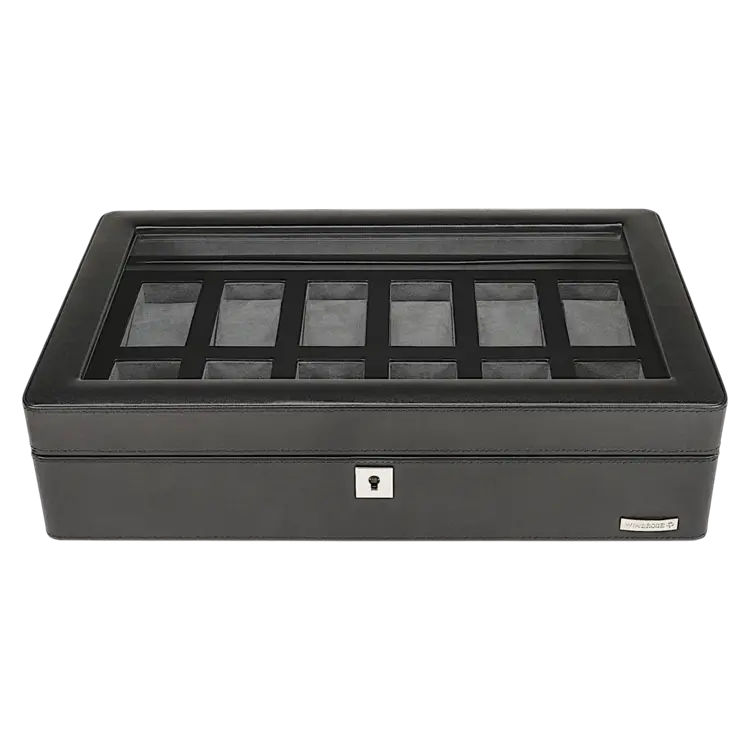 Windrose Uhrenbox für 12 Uhren 12 Uhren Tempora / schwarz (Recyceltes Leder)