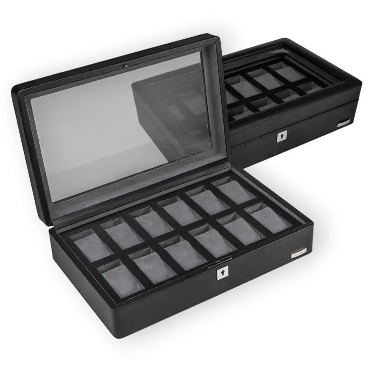 Windrose Uhrenbox für 12 Uhren 12 Uhren Tempora / schwarz (Recyceltes Leder)