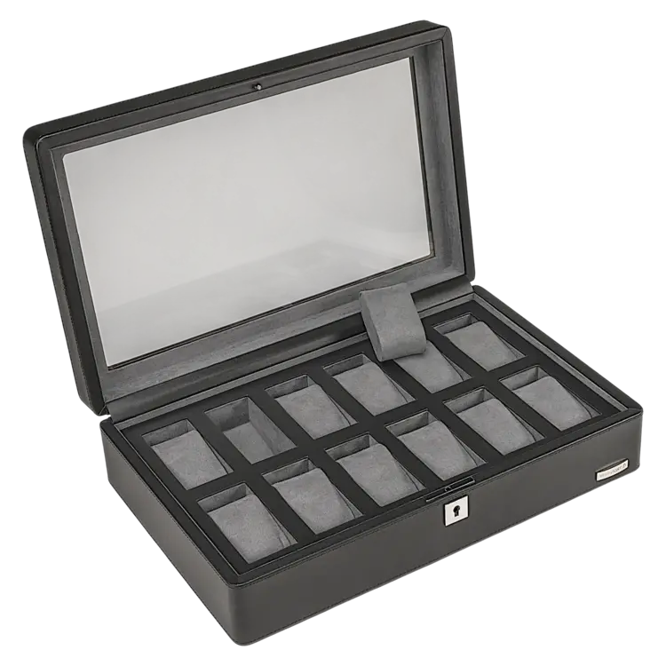 Windrose Uhrenbox für 12 Uhren 12 Uhren Tempora / schwarz (Recyceltes Leder)