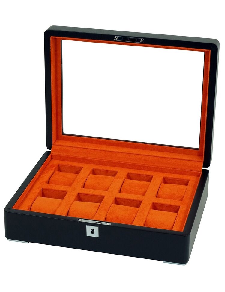 Chronoguard Switzerland  Luxus Uhrenbox Orange Schwarz für 8 Uhren mit orangem Samt