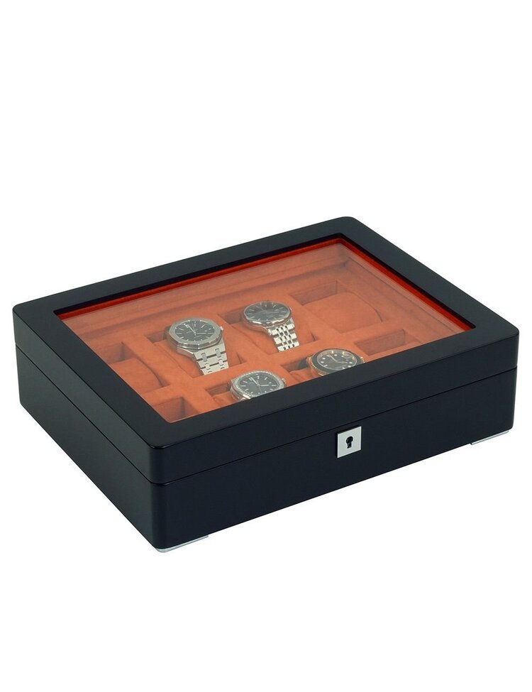 Chronoguard Switzerland  Luxus Uhrenbox Orange Schwarz für 8 Uhren mit orangem Samt