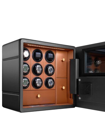 Chronoguard  Uhrenbeweger-Tresor für 9 Automatikuhren – Stahl, Fingerprint, Alarm, 3 Schubladen | Safe Elite V9 schwarz/braun