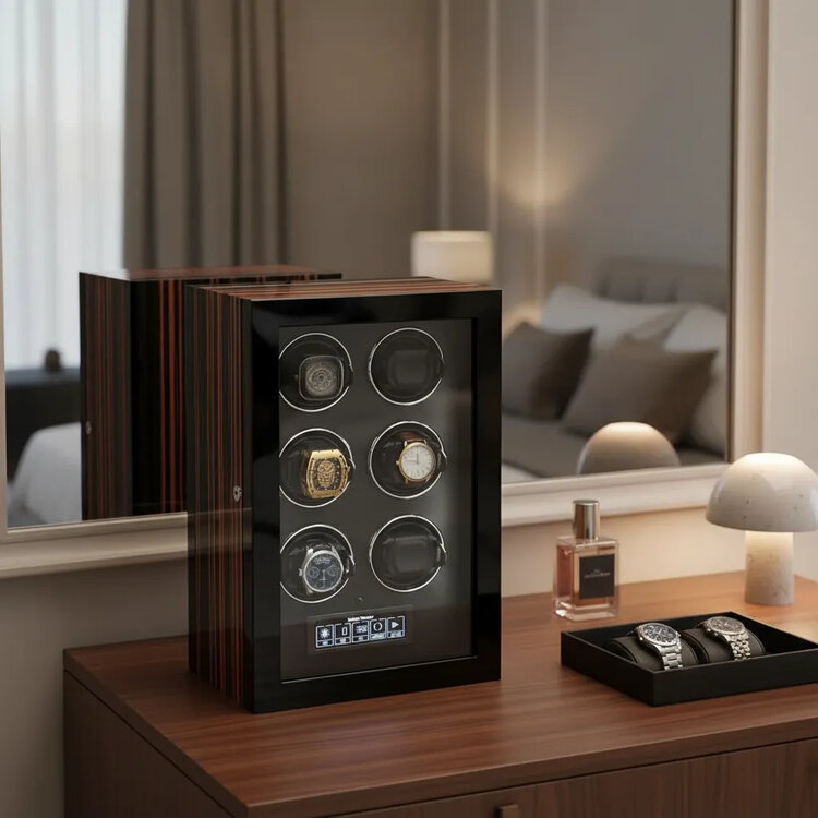 Chronoguard Uhrenbeweger Uhrenbeweger für 6 Automatikuhren – Ebenholz, Touchscreen, leise, TPD einstellbar | Premium