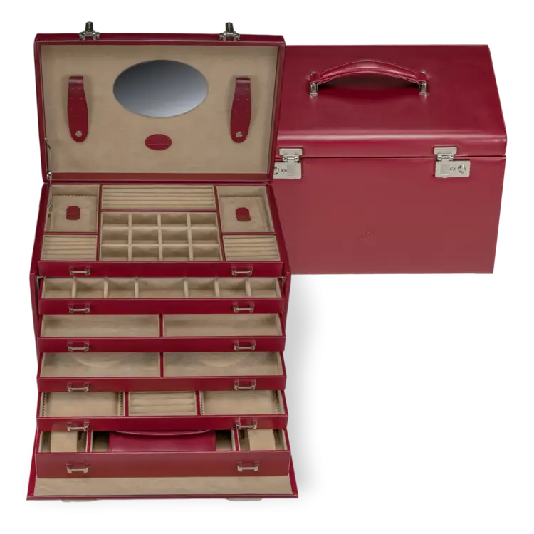 Windrose Schmuckkoffer XXL mit integrierter Schmucktasche Merino / rot