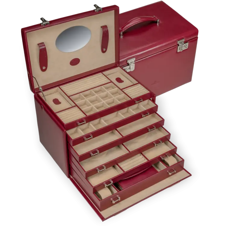 Windrose Schmuckkoffer XXL mit integrierter Schmucktasche Merino / rot