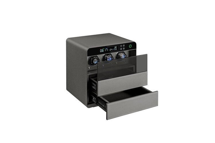 Chronoguard Uhrenbeweger Atrium Uhrenbeweger für 3 Automatikuhren – PU-Leder Grau, Fingerabdruck