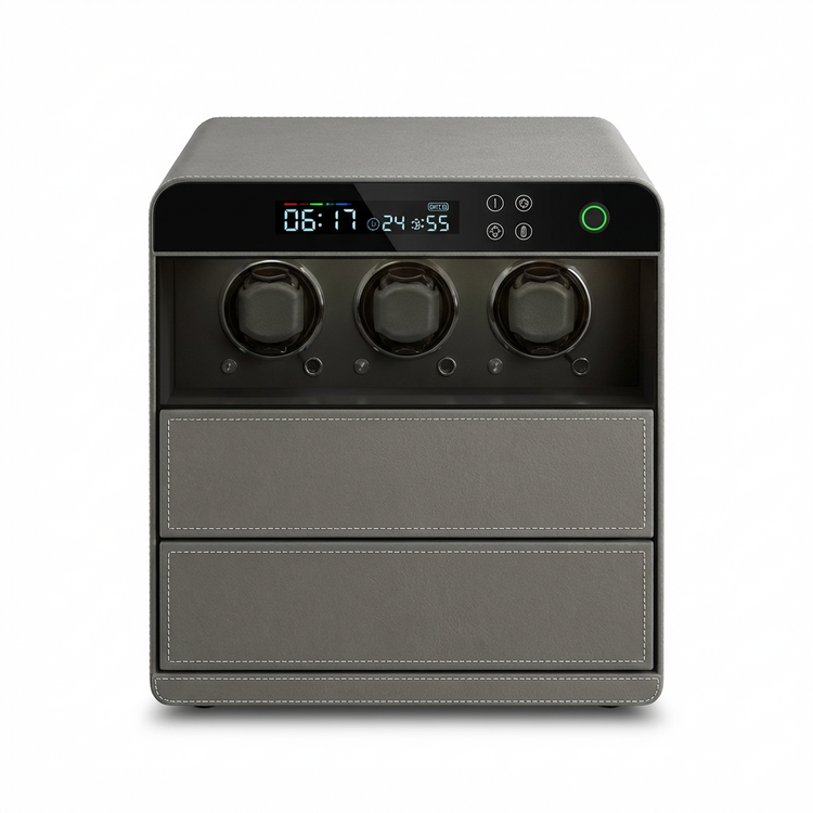 Chronoguard Uhrenbeweger Atrium Uhrenbeweger für 3 Automatikuhren – PU-Leder Grau, Fingerabdruck